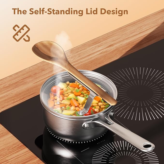 PekGema Saucepan with Lid, Hybrid Nonstick Sauce Pot 1.5 Quart, Tri-Ply Stainless Steel, PFOA FREE Small Pot, Induction Compatible, Oven and Dishwasher Safe
