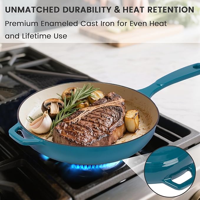 Hisencn Enameled Cast Iron Frying Pan Set, 3 Piece Set of Skillets(8''/9.5''/11''), PFAS & PTFE & PFOA -Free, Gas/Induction/Electric/Oven Compatible, Biscay Blue