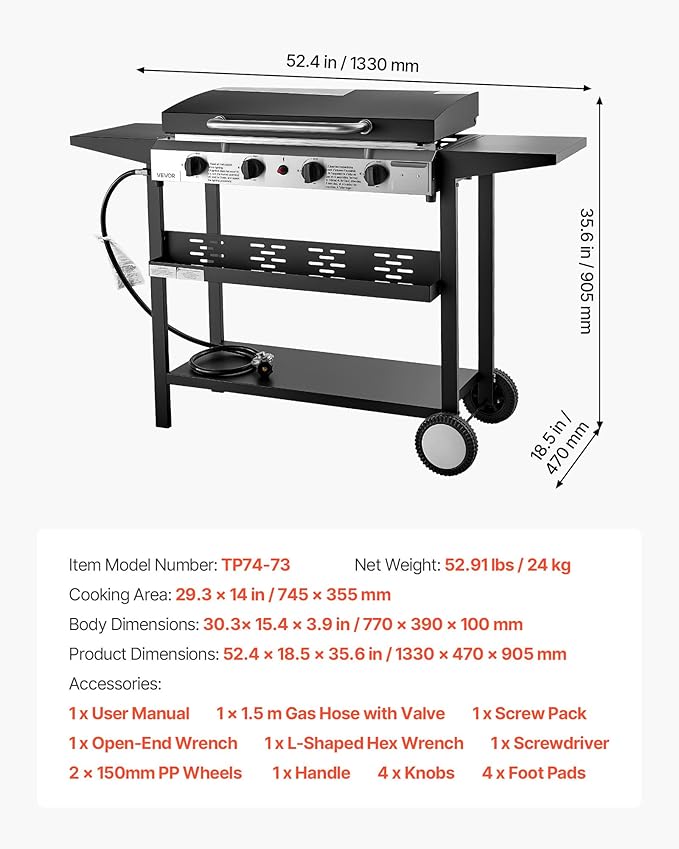 VEVOR Gas Griddle, 4-Burner Flat Top Grill, 29 inch Grill Plate Propane Griddle with Wheels, Lid, 28000 BTU Outdoor Flat Top Grills for Pan-Frying, Grilling, Stir-Frying, & BBQ, Pulse Ignition