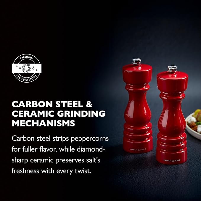 Cole & Mason London Refillable Spice Mill - Kitchen & Home Accessory - Salt & Pepper Grinder Set - Salt Mill with Ceramic Mechanism - Pepper Mill with Carbon Steel Mechanism - 7", Red Gloss