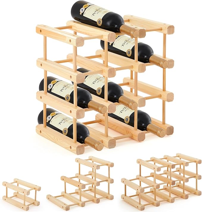 Juexica 12 Bottles Wooden Wine Rack Stackable Modular Storage Racks DIY Assembly Wine Bottle Holder for Inside Cabinet Countertop Cellar Racks(1 Pack)