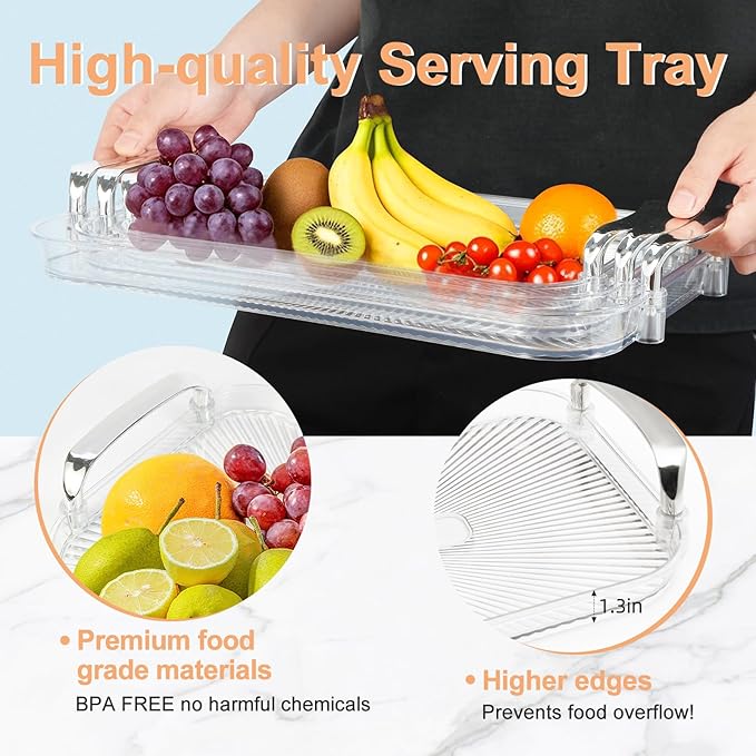 Set of 3 Serving Platters with Handles 16.5/15/13.2 Inch Reusable Large Serving Trays, Party Food Tray, Rectangular Dinner Plates for Cookie, Cake, Turkey, Cheese, Fruit, Snack(Transparent)