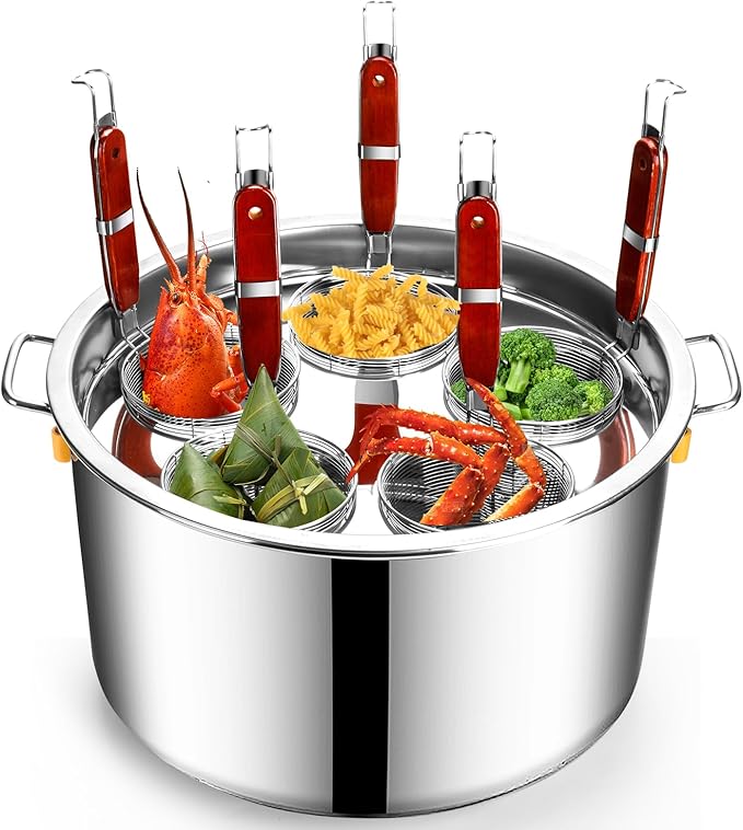 Pasta Cooker Insert Set Stainless Steel Pasta Pot With Strainer Basket Multipots Cooking Tool For Noodles Dumplings Pasta For Home Kitchen Restaurant,5 Holes