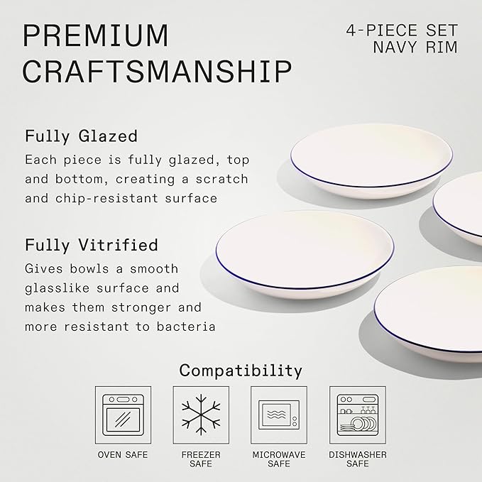 Made In Cookware - Set of 4 - Entrée Bowls - White With Navy Rim - Porcelain - Crafted in England