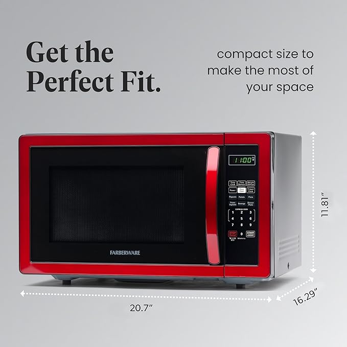 Farberware Countertop Microwave 1000 Watts, 1.1 cu ft - Microwave Oven With LED Lighting and Child Lock - Perfect for Apartments and Dorms - Easy Clean Metallic Red