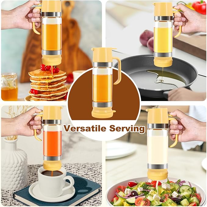 Glass Honey Dispenser No-Drip with Handle – 12 oz Maple Syrup Jar Dispenser for Coffee, Pancakes & Waffles – Elegant Glass Syrup Container for Easy Pouring – Honey Jar for Kitchen & Breakfast Table