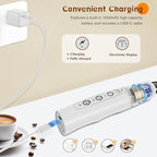 Milk Frother Handheld Rechargeable, Frother Wand Drink Mixer Electric Whisk for Coffee, Detachable With 3 Stainless Whisks, Hand Mixer for Lattes, Cappuccino, Matcha, Egg, No Stand, White