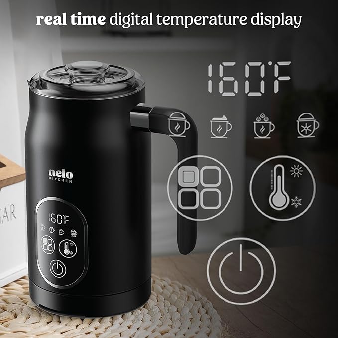 NELO Electric Milk Frother, 4 In 1 Digital Milk Frother and Steamer with Real-Time Temperature Control, Automatic Frother for Coffee, Latte, Hot Chocolate, Cappuccinos, BPA Free Stainless Steel, Black