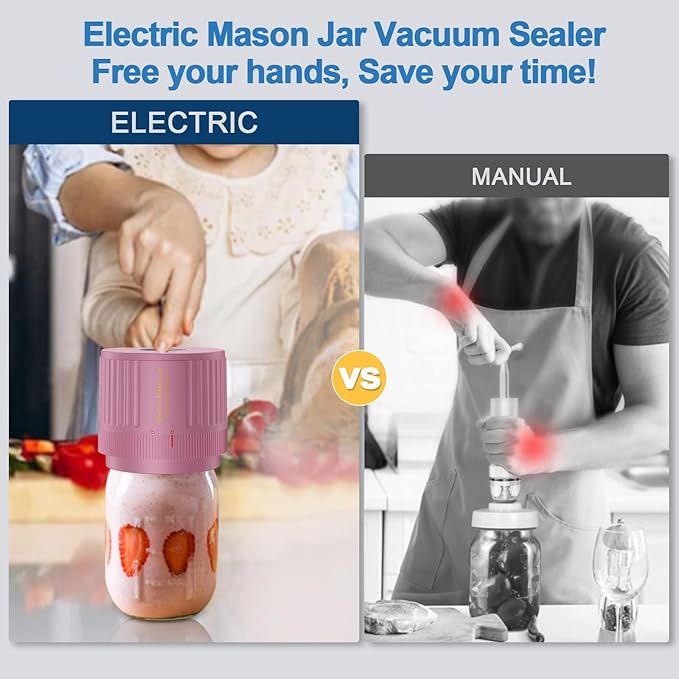 Electric Mason Jar Vacuum Sealer Kit for Wide Mouth and Regular Mouth Mason Jar - Pink