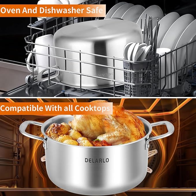 DELARLO Tri-Ply Stainless Steel 6QT Pot with Lid, Induction Ready, 6 Quart with Lid, Durable, Noodle Pot, 18/10 Heavy Duty for Cooking, Suit for All Stove, Up to 600℉(Lids 300℉)