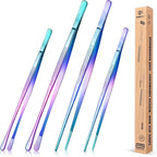 4 Pcs Fine Long Tweezer Tongs Professional Rainbow, 12'' and 10'' Stainless Steel for Kitchen, Food, Cooking, Repairing, Sea food and BBQ