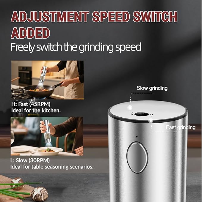 [Upgraded Larger Capacity] Electric Salt and Pepper Grinder Set with USB Charging Base, 95ml Large Capacity, Adjustable Coarseness,Stainless Steel Automatic Pepper Mill (Upgraded Adjustment-B)