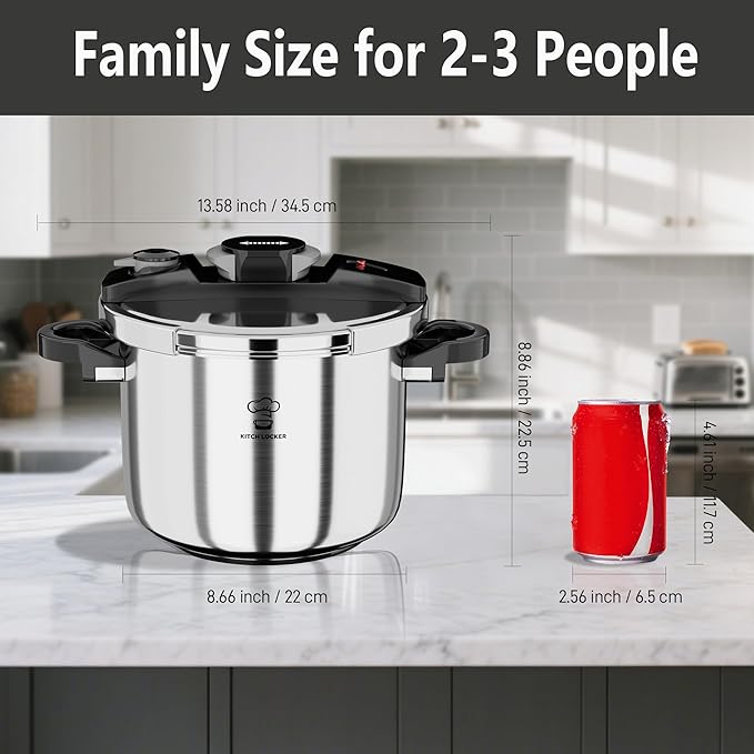 Pressure Cooker Stainless Steel 6.3 Quart,Olla De Presion For 2-3 People[Glass Lid & Steamer Rack Included][Press To Open][Compatible With Induction And Gas Stovetops]