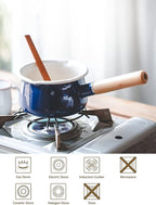 Enamel Milk Pan with Dual Pour Spout Butter Warmer Milk Pot for Stove Top Healthy White Enameled Inside Coating Iron 1QT Small Soup Pot with Wooden Handle (Blue)