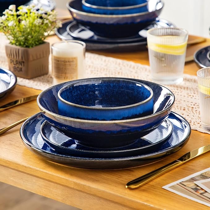 vancasso Starry Plates and Bowls Sets for 6, 24 Pieces Dinnerware Sets, Blue Reactive Glaze Dishes Sets for Kitchen, Scratch Resistant Stoneware Dishes Set, Dishwasher and Microwave Safe