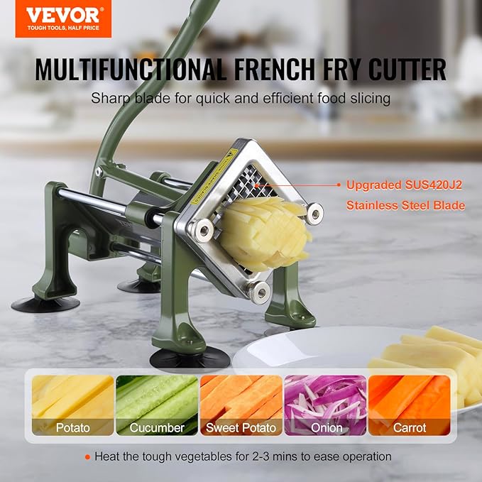 VEVOR French Fry Cutter, Potato Slicer with Stainless Steel Blades, Manual Potato Cutter Chopper with Suction Cups, Great for Potato, French Fries, Cucumber, Vegetables, Carrot