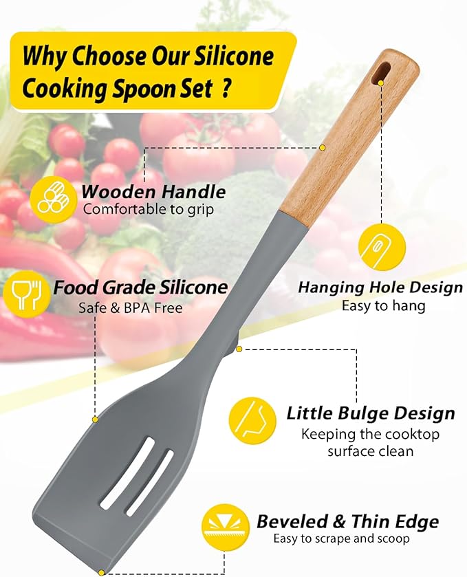 Pack of 2 Large Silicone Cooking Spoons, Heat Resistant Non Stick Kitchen Utensils with Wooden Handle, Ideal for Mixing, Stirring, Serving, Cooking(GRAY)