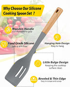 Pack of 2 Large Silicone Cooking Spoons, Heat Resistant Non Stick Kitchen Utensils with Wooden Handle, Ideal for Mixing, Stirring, Serving, Cooking(GRAY)
