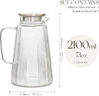 71oz Glass Pitcher with Lid, Ribbed Beverage Carafe for Hot & Cold Drinks, Water Jug with Handle for Juice, Tea, Milk, Iced Coffee – Heat Resistant Glass Serveware (1)