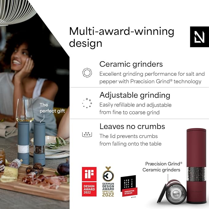 LARS NYSØM Salt and Pepper Grinder Set 2 pieces I Salt Pepper Mill with Adjustable Ceramic Grinder I Design Spice Grinder Set Manual (Berry Red)