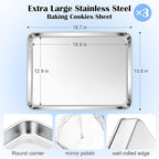 E-far Large Baking Sheets Set of 3, 20”x14” Stainless Steel Cookie Sheet Pans for Oven, Non Toxic Big Metal Baking Tray for Cake Cookies, Healthy & Rust Free, Mirror Finish & Dishwasher Safe