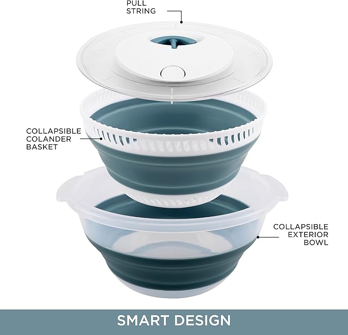 COOK WITH COLOR Collapsible Salad Spinner - 4 QT Space Saving Lettuce Dryer with Folding Collapsible Colander Great for Washing and Drying Fruit and Vegetables (Blue)