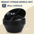 Wheat Straw Bowl Sets,6 PCS Unbreakable Cereal Bowl 36 OZ,Microwave and Dishwasher Safe Bowls,Soup Bowl Sets BPA Free Apartment Bowl for Serving Cereal,Oatmeal and Salad (Black)