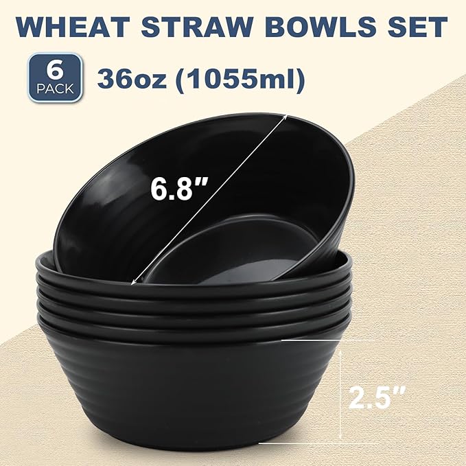 Wheat Straw Bowl Sets,6 PCS Unbreakable Cereal Bowl 36 OZ,Microwave and Dishwasher Safe Bowls,Soup Bowl Sets BPA Free Apartment Bowl for Serving Cereal,Oatmeal and Salad (Black)