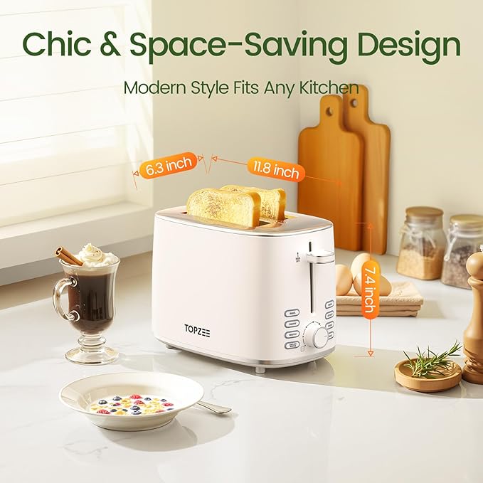 Toaster 2 Slice, Wide Slot for Toasting Bagel Muffin Waffle Gluten Free Breads, 7 Shade Settings, Defrost & Reheat, Stainless Steel, Easy Clean, White