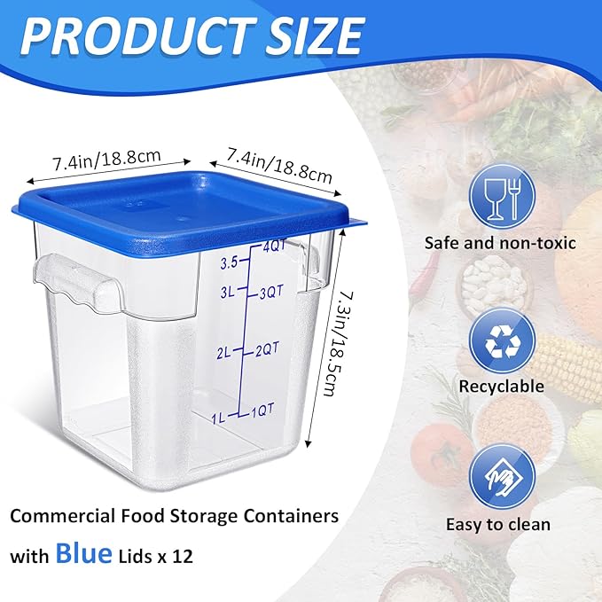Yungyan 12 Pcs 4 Qt Commercial Food Storage Containers with Lids Restaurant Square Airtight Food Storage Containers Clear Cereal Containers for Kitchen Freezer Dishwasher Pantry(Blue Lid)