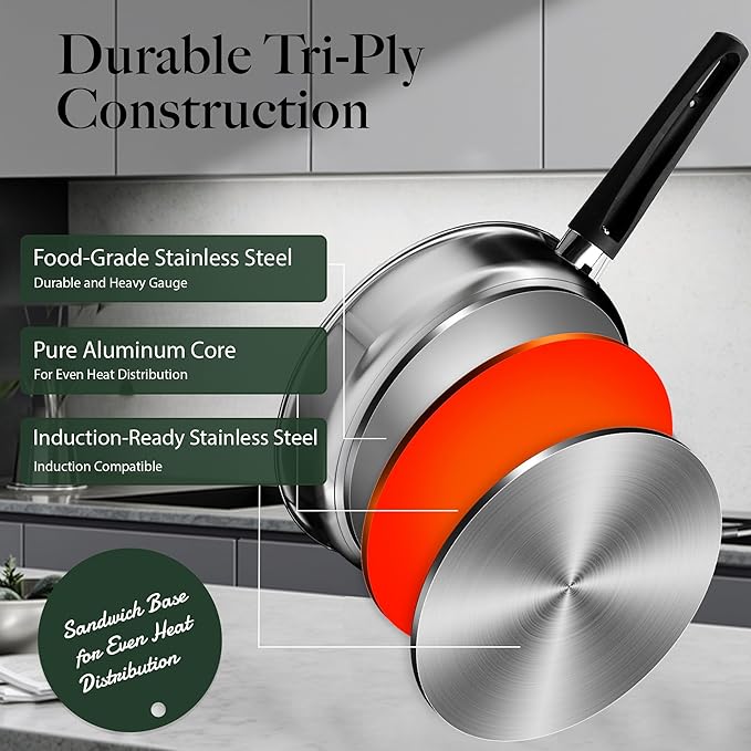 Stainless Steel Cookware Set, 14-Piece Pots and Pans Set, Kitchen Cookware Set with Stay-Cool Handle, Non-Toxic, Dishwasher Safe & Compatible with All Stovetops (Gas, Electric & Induction)