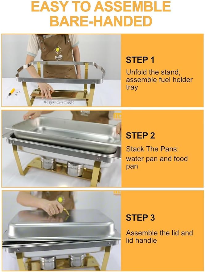 Chafing Dishes for Buffet 4 Pack,Festa Essential 8QT Elegant Gold&Silver Stainless Steel Rectangular Catering Chafers Food Warmer with Full,Half,1/3 Food Pan,Fuel Holder,Foldable Frame For Any Party