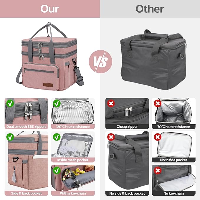 Maelstrom Lunch Bag Women,23L Insulated Lunch Box for Men Women,Expandable Double Deck Lunch Cooler Bag,Lightweight Leakproof Lunch Tote Bag with Side Tissue Pocket,Pink