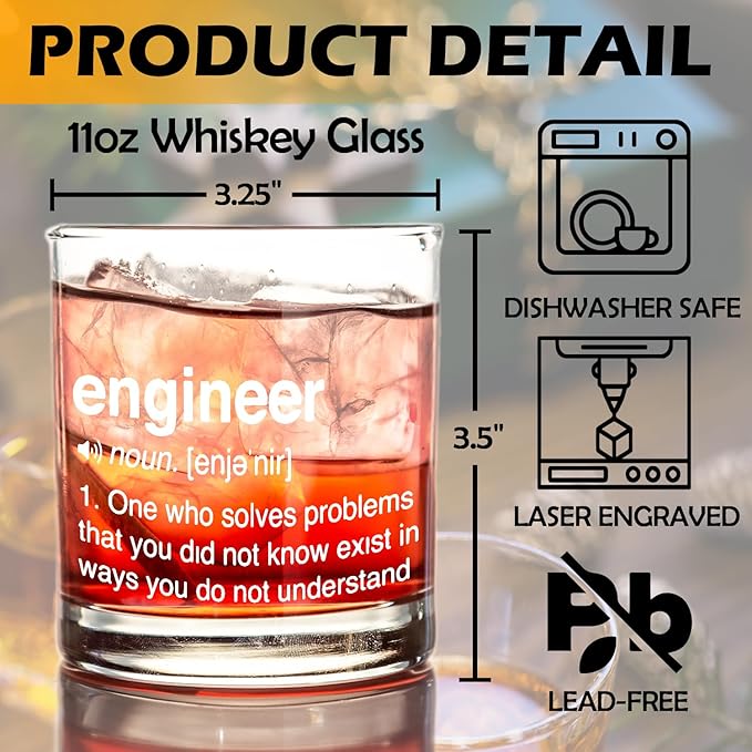kunlisa Engineer Gifts Whiskey Glasses, Best Engineering Gifts for Men, 10 oz Drinking Rocks Glasses for Men Whisky Cocktail Scotch Bourbon Liquor