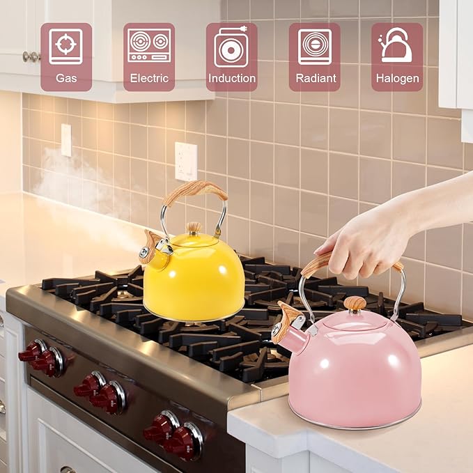 GGC Tea Kettle for Stove Top, 85OZ/2.6QT Whistling Tea Kettles for Boiling Water Milik or Coffee, Pink Stainless Steel Tea Pots with Wood Pattern Folding Handle, Thumb Design Control Kettle Outlet