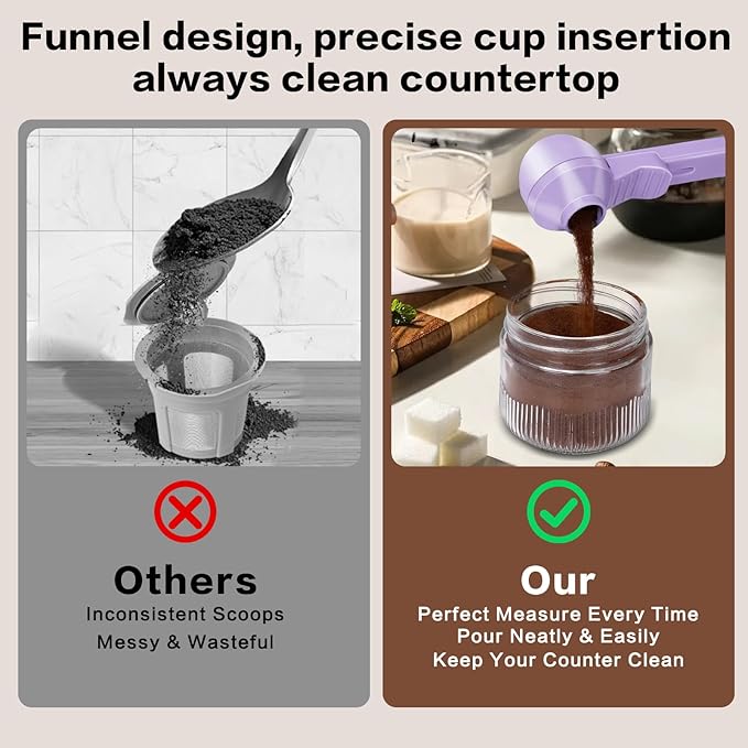 2-in-1 Coffee Scoop with Funnel, 2 Teaspoon Measuring Spoon for Reusable Pods, Ground Coffee, Protein Powder & Tea, Mess-Free Plastic Design (Light Purple)