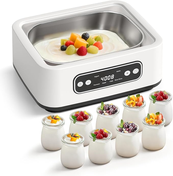 Yogurt Maker Machine, Automatic Yogurt Maker with Constant Temperature Control & Smart Timer, Digital Greek Yogurt Machine for Home, Includes 9x100ML/3.4oz Glass Jars & 1.6L Stainless Steel Liner