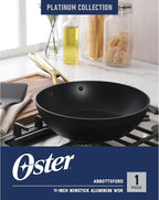 Oster Platinum Abbottsford 11-Inch Matte Black Ceramic Nonstick Wok with Gold Stainless Steel Handle — Flat Bottom, Oven & Induction Safe