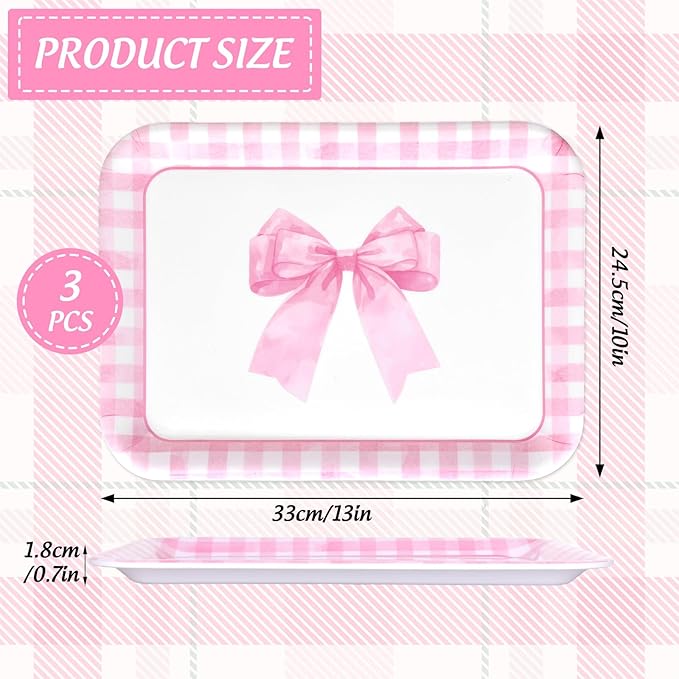 3Pcs Pink Bow Serving Trays 13 x 10 Inch Watercolor Ribbon Bow Knot Reusable Platter Pink White Plaid Serving Dishes for Coquette Birthday Wedding Baby Shower Party Decor