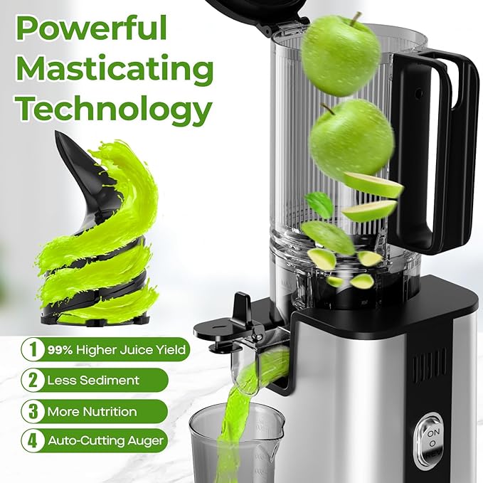 Cold Press Juicer, 5.3" Wide Feed Chute Juice Extractor Machine with 400W, High Juice Yield, Slow Masticating Juicer for Whole Vegetables & Fruits, Stainless Steel