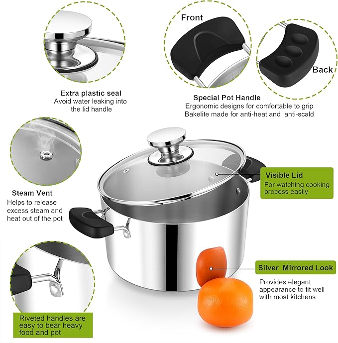 5 Quart 3-Ply Cooking Stock Pot with Lid, P&P CHEF Stainless Steel Large Pot for Pasta Soup, Work on Multi Stove, Heavy Duty & Dishwasher Safe, Dual Heat-resistant Handles & Visible Lid