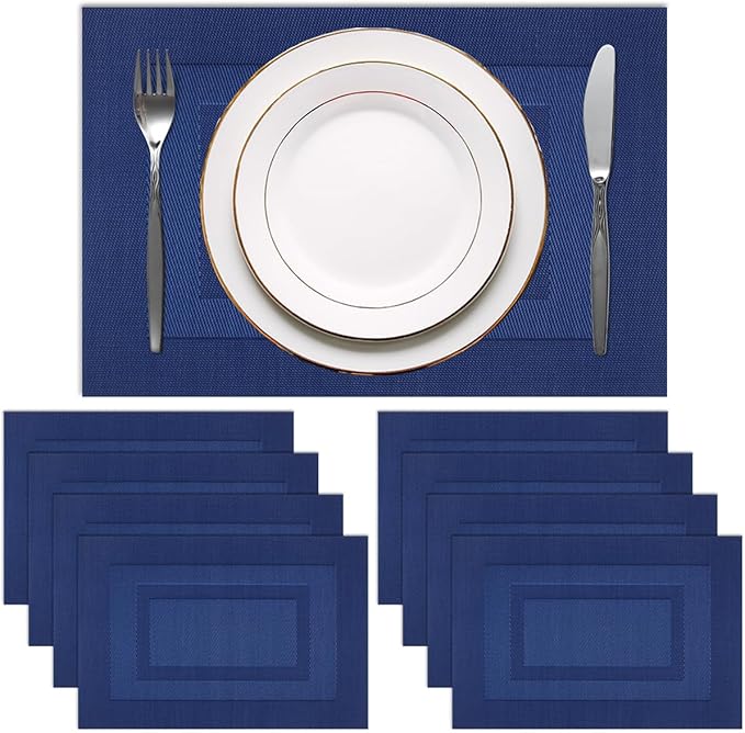 PIGCHCY Placemats Set of 8 Washable Durable Place Mats Vinyl Heat Resistant Non-Slip Table Mats Indoor Outdoor (Navy Blue)