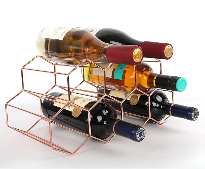 Rose Gold Wine Racks Countertop 9 Bottle,Geometric Stainless Steel Wine Bottle Holder,Compact Small Wine Rack for Cabinet Pantry Bar Table No Assembly Required