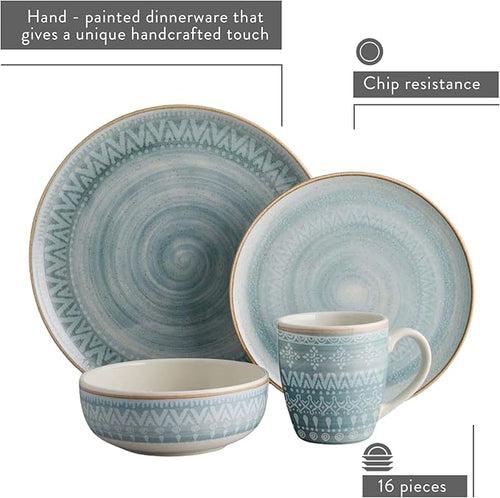 "Corona Dinnerware Set 16– piece, Plates Bowls and Mugs Set, Ceramic Sets for 4, Microwave and Dishwasher Safe, Congo Etnic Design