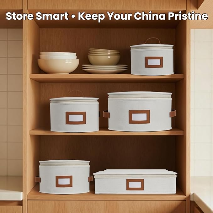 HOMELUX THEORY Flatware Storage Hard Shell China Storage Containers - Ivory Silverware Organizer, Cutlery & Silverware Storage Box with 5 Dividers & Lid, Packing Heavy Duty Moving Box with Handles