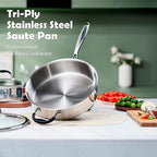 Tri-Ply Stainless Steel Saute Pan with Lid, 5 Quart Deep Sauté Pan with Stay Cool Handle,11.5 Inch Frying Pan,Dishwasher and Oven Safe,Induction Stainless Steel Cookware