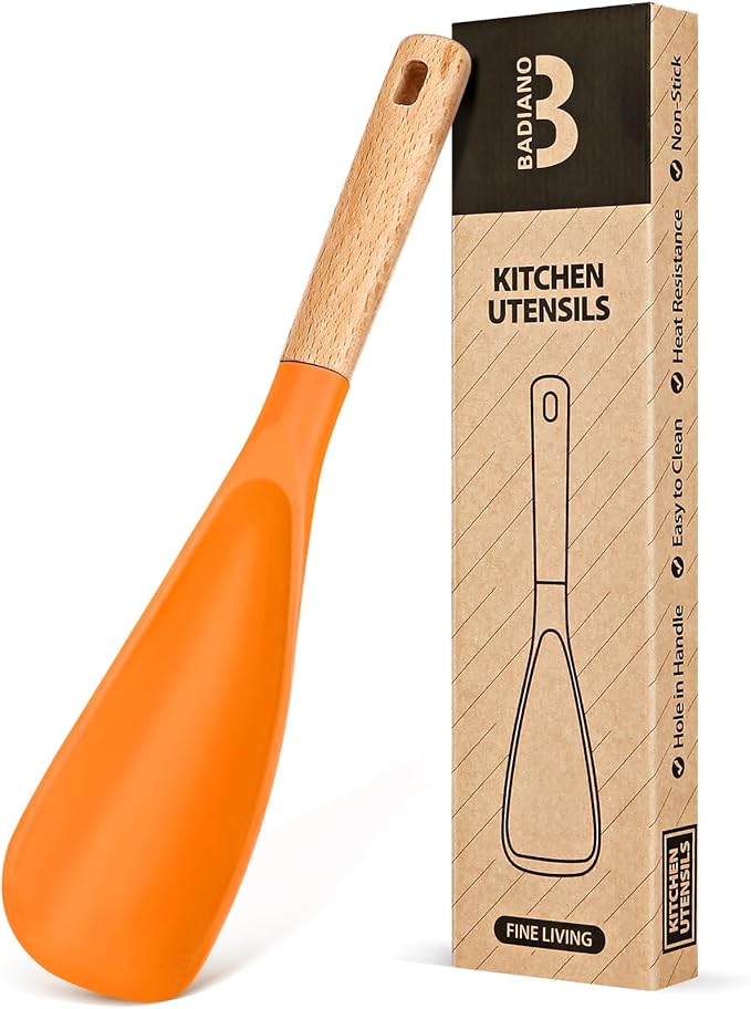 Cooking Spoon for Nonstick Cookwares, Great for Cooking and Serving Sturdy BPA-Free Matte Silicone, Wood Handle Spoon for Mixing, Scoop, and Scrape (ORANGE)