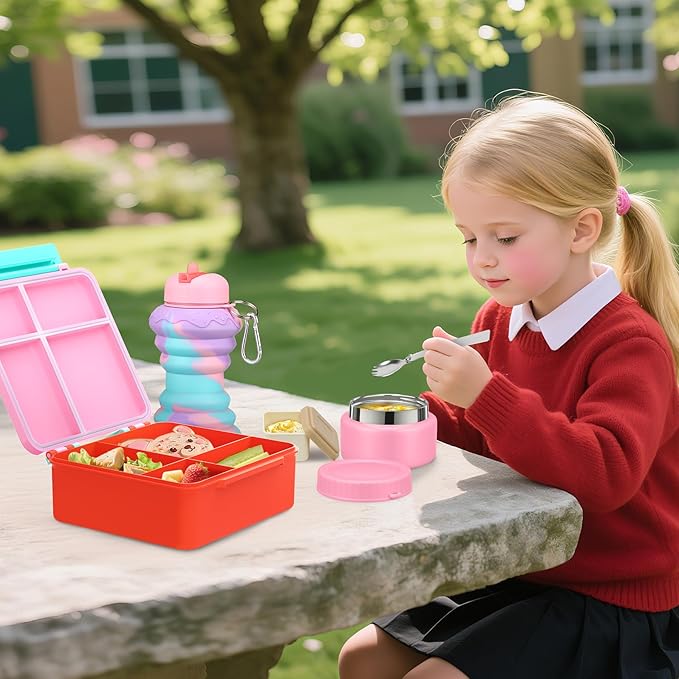 Bento Lunch Box for Kids with 9oz Soup Thermo, Leakproof Lunch Food Containers with 4 Compartment, Kids Thermo Hot Food Jar for School Travel