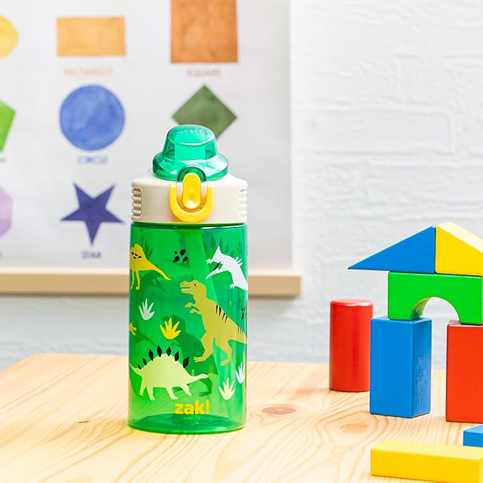 Zak Designs Sage Kids Water Bottle For School, Travel or At Home, 16oz Durable Plastic Water Bottle With Straw, Handle, and Leak-Proof, Pop-Up Spout Cover (Dino)