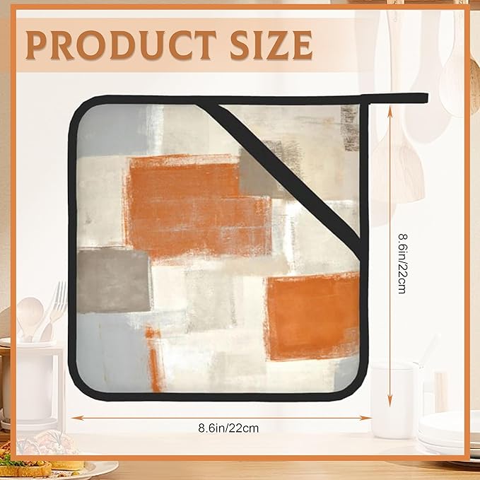 2 Pack Orange and Grey Pot Holders for Kitchen Heat Resistant, Abstract Art Painting Potholders for Kitchens Washable for Cooking & Baking & Microwave
